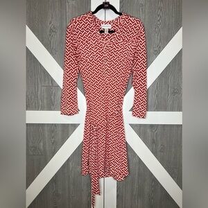 291. Donna Morgan Women's Orange White Print Long Sleeve Dress with Belt US 14